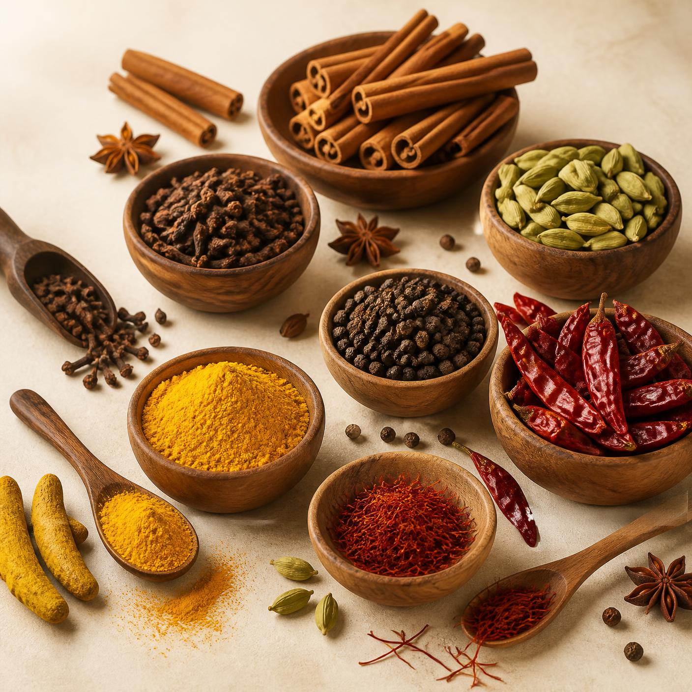 Indian whole spices arranged in wooden bowls