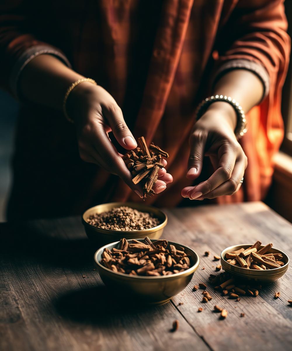 Hands sorting whole spices at a wooden table